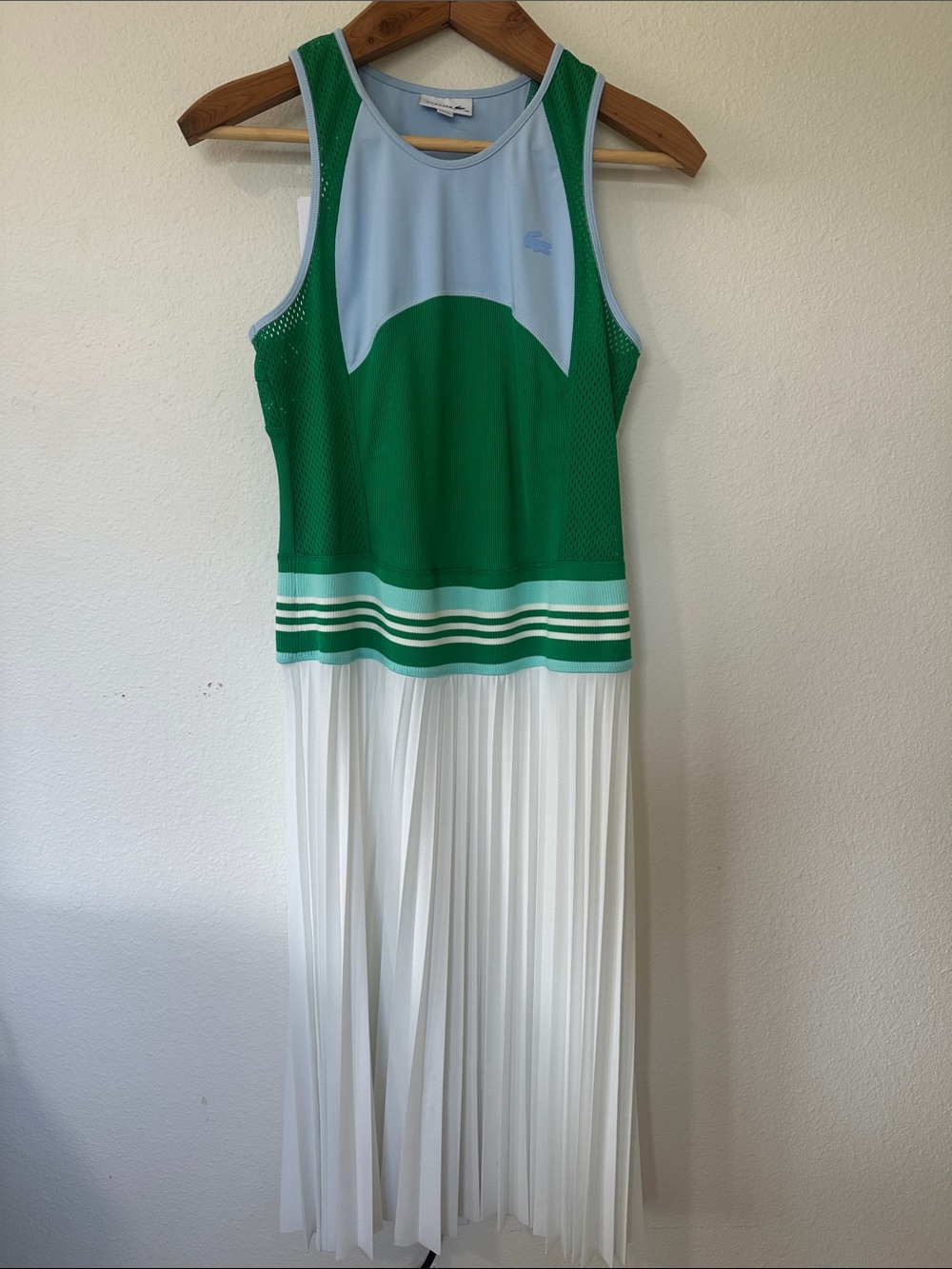 Lacoste Green and Light Blue Sleeveless Maxi Dress with White Pleated Skirt